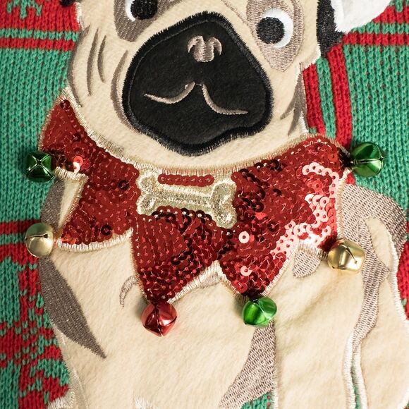 33 Degrees Pug Dog Ugly Christmas Sweater Womens XL Sequins Jingle Bells Holiday - Picture 7 of 16